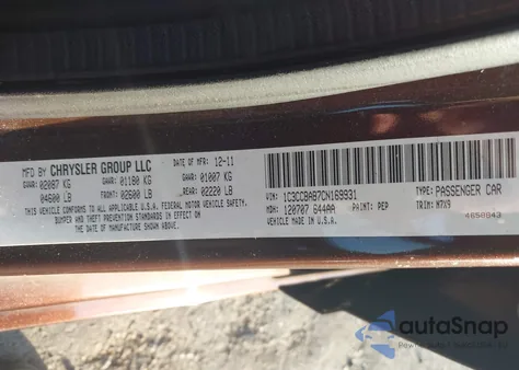 2012 Chrysler 200 Lx z USA, uszkodzony, nr VIN 1C3CCBAB7CN169931